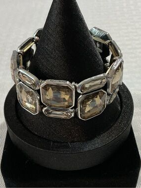Genuine  Smoky Quartz Chunky Silver Tone Statement Stretch Bracelet